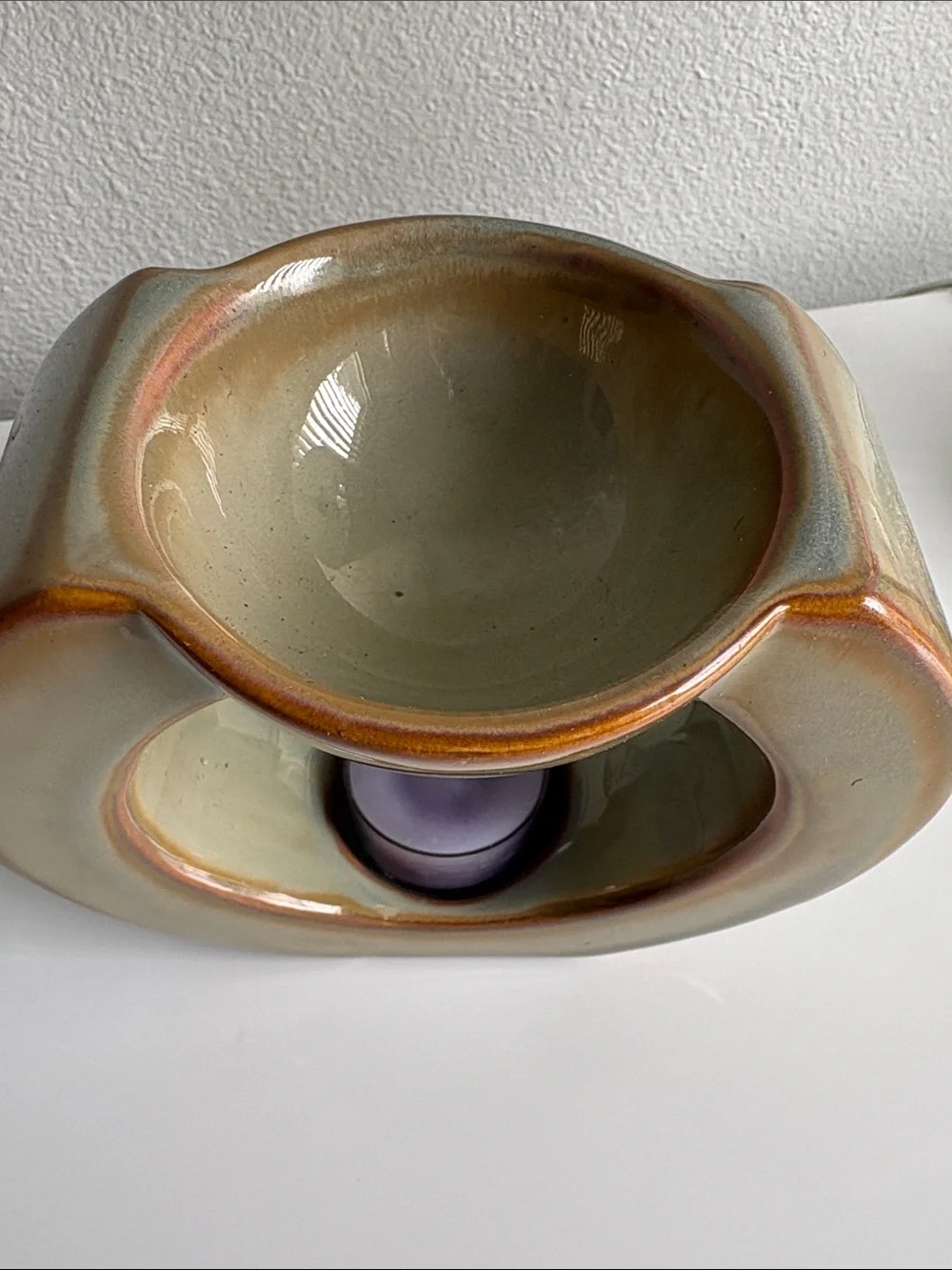 Ceramic Tea Light Oil Warmer in Green-Brown Glaze -PartyLite - Picture 3 of 5